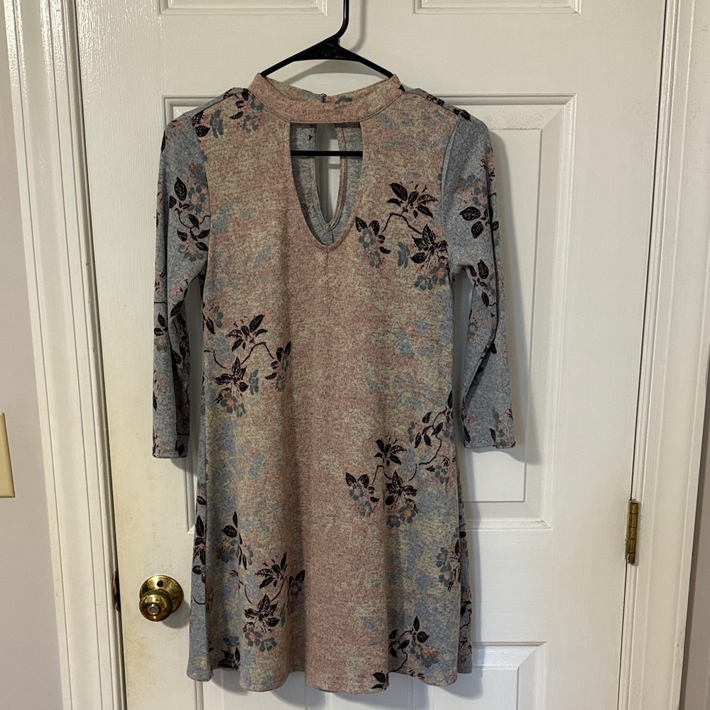 Living Doll Long Sleeve Floral Dress - Pink and Gray